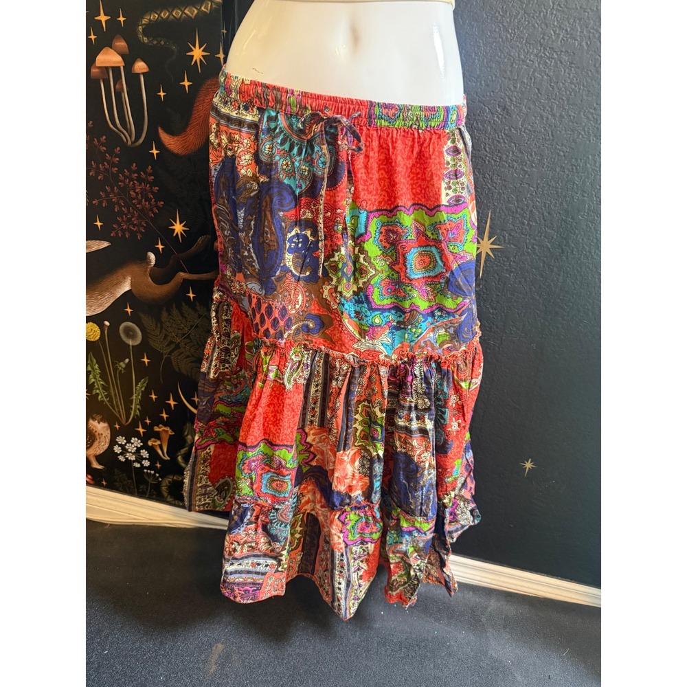 Bobbie Brooks Paisley Patchwork Tiered Midi Skirt Red Multi Cotton Small 6